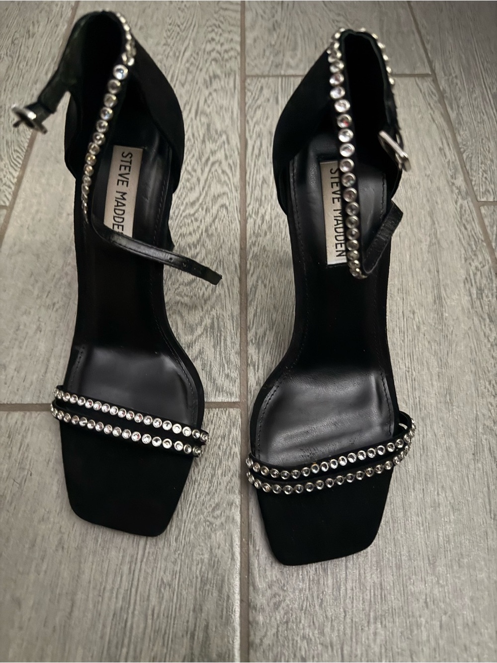 Steve Madden Women's Black Crystal-Embellished Strappy 3” Heels 8